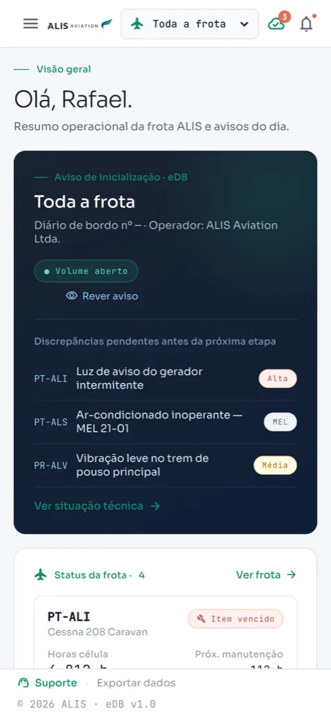Tela inicial do app da Alis: resumo da frota, discrepâncias pendentes e status das aeronaves